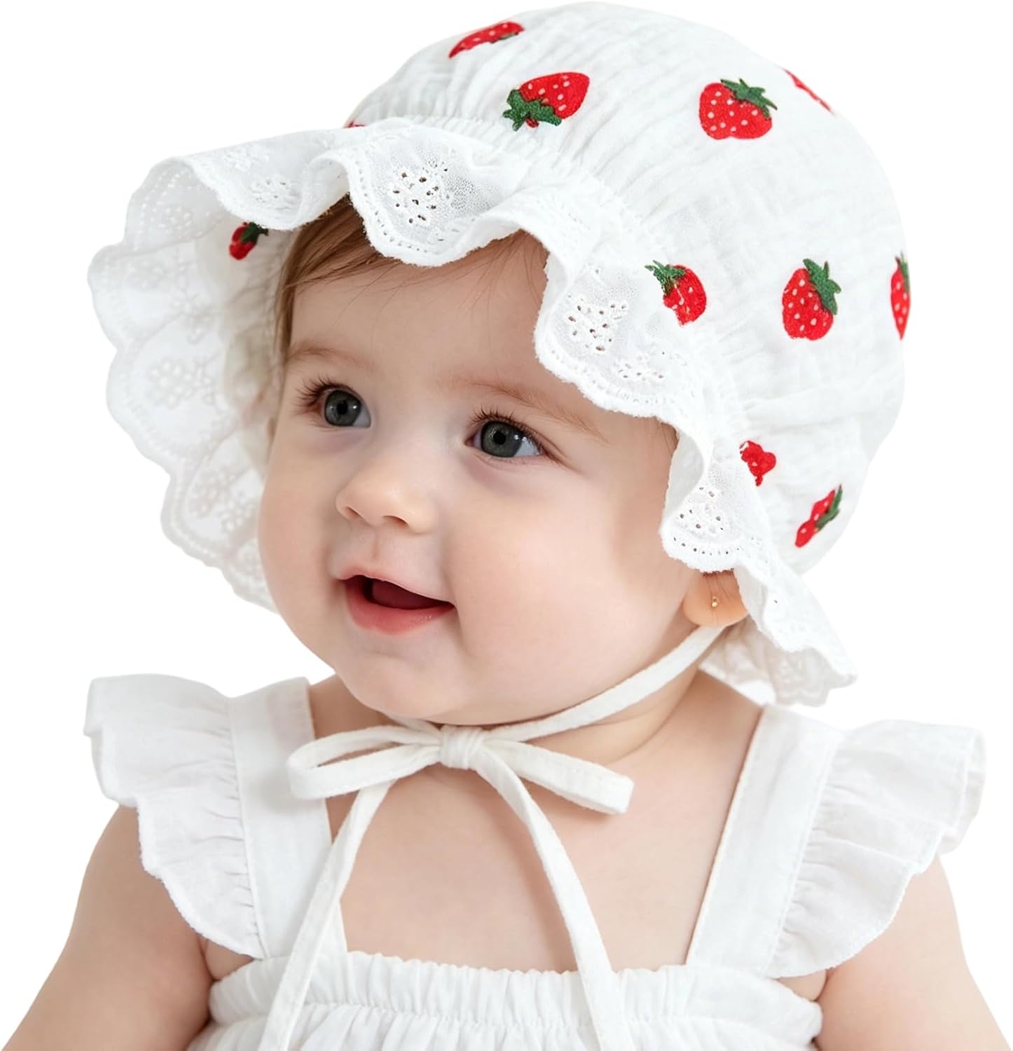 2PCS Baby-Sun-Christening-Hats - Soft Pink+White Bonnet Hat for Boys & Girls 3-12M, Newborn Soft Seersucker Summer Hat