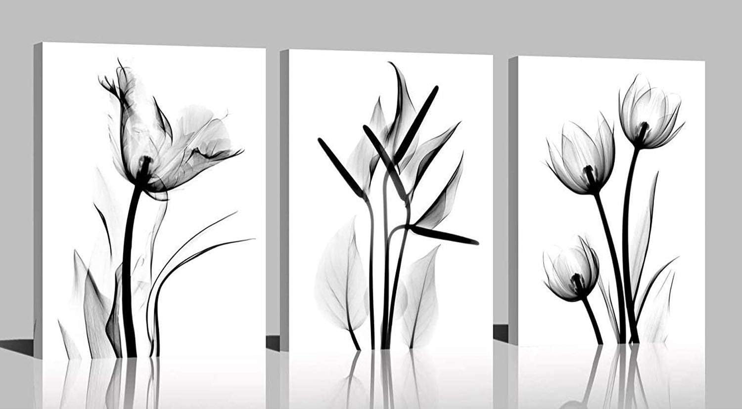 YPY Oil Painting Elegant Flowers 3 Panels Black and White Color Tulip Print on Canvas Wall Art for Home Decor 16x24in