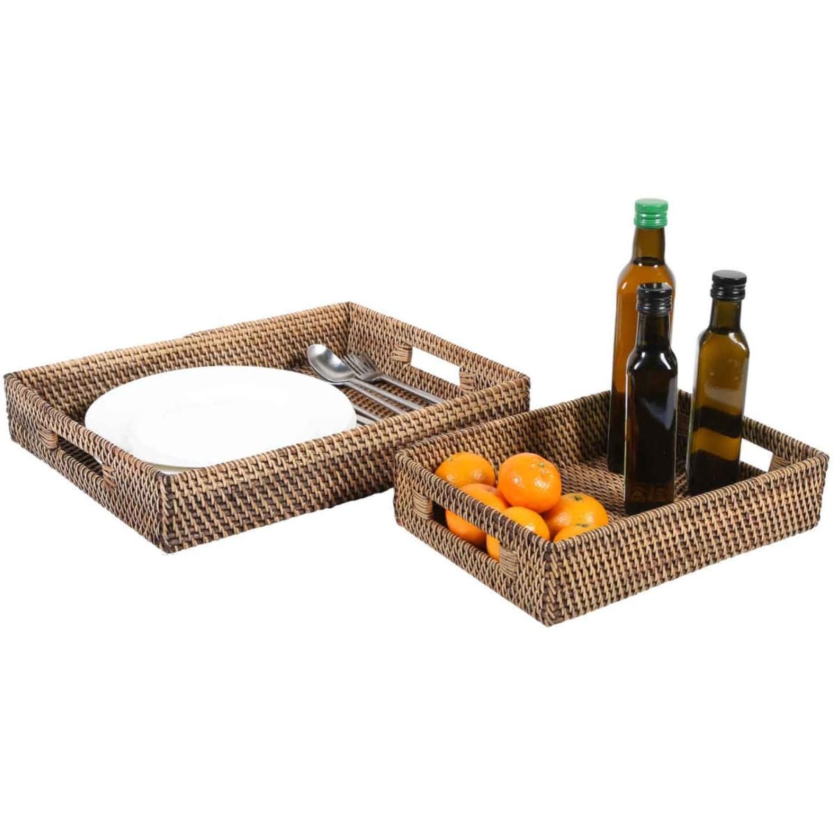 Lisa LOM20050 Lot de 2 plateaux de service rectangulaires en rotin naturel tressé marron | Plateau décoratif pour boissons, petit-déjeuner, service à thé – Plateau décoratif Boho Chic