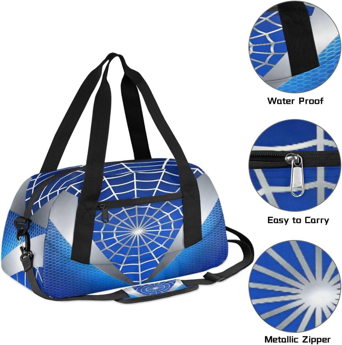 Gym Travel Duffle Bag for Boys - Kids Overnighter Weekend Bag with Front Zipper Pocket for School Practice, Blue Spider Web Teens Carry-On Size Sleepover Bags - Image 3