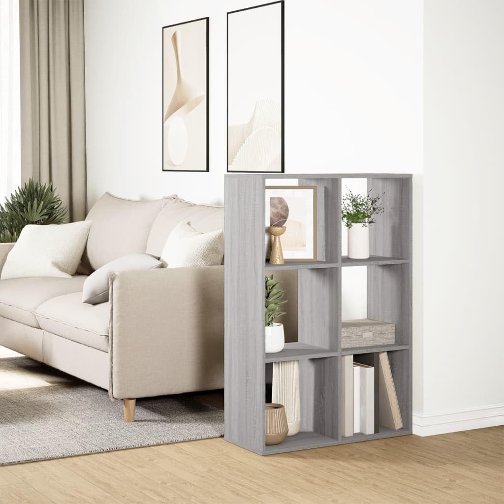 Scaffale divisorio per libri, scaffale modulare a 6 scomparti, scaffale a cubo per soggiorno e ufficio, in legno, grigio sonoma, 69,5 x 29 x 103,5 cm