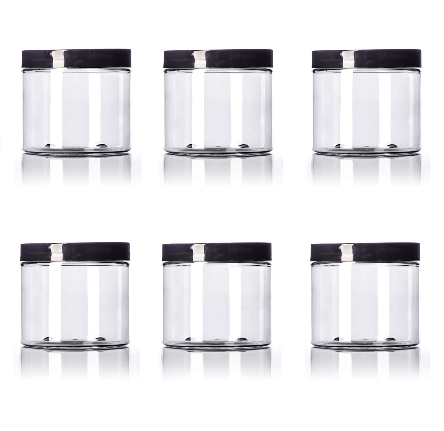 16 oz Big Mouth Clear Plastic PET Jar with Black Smooth Lids - Set of 6