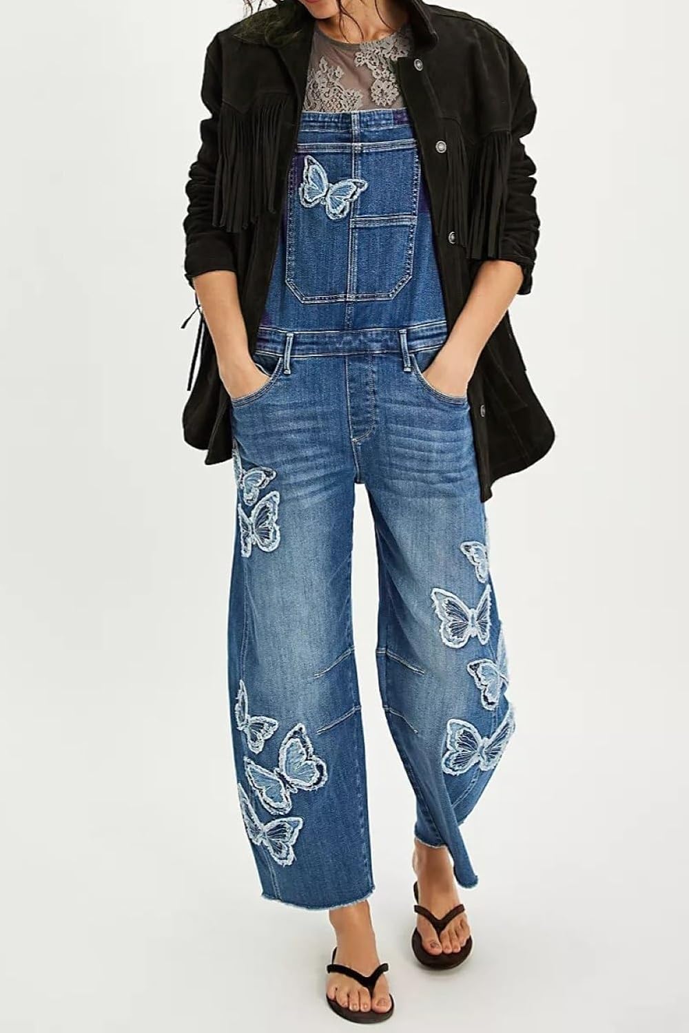 CHARTOU Women Y2k Butterfly Embroidered Denim Overalls Cropped Baggy Barrel Jeans Adjustable Bib Wide Leg Jumpsuits