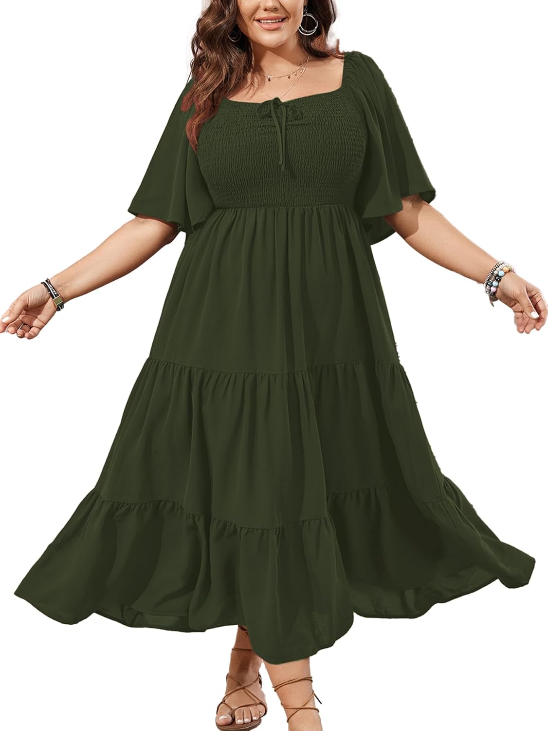 SCOMCHIC Women's Plus Size Flowy Maxi Dress Flutter Short Sleeve Boho Dress Square Neck Smocked Formal Dresses for Women