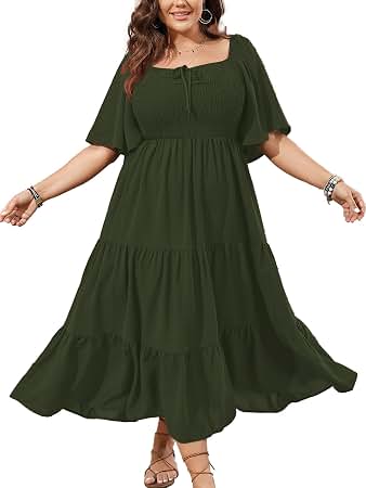 plus size smocked maxi dress SCOMCHIC Women's Flowy Flutter Short Sleeve Boho Dress Square Neck Formal Dresses for Women Model is wearing a Fiori Maniche Maniche Lunghe oh polly maxi gown Size:42 US Jacket/Waistcoat + 36W Trousers
