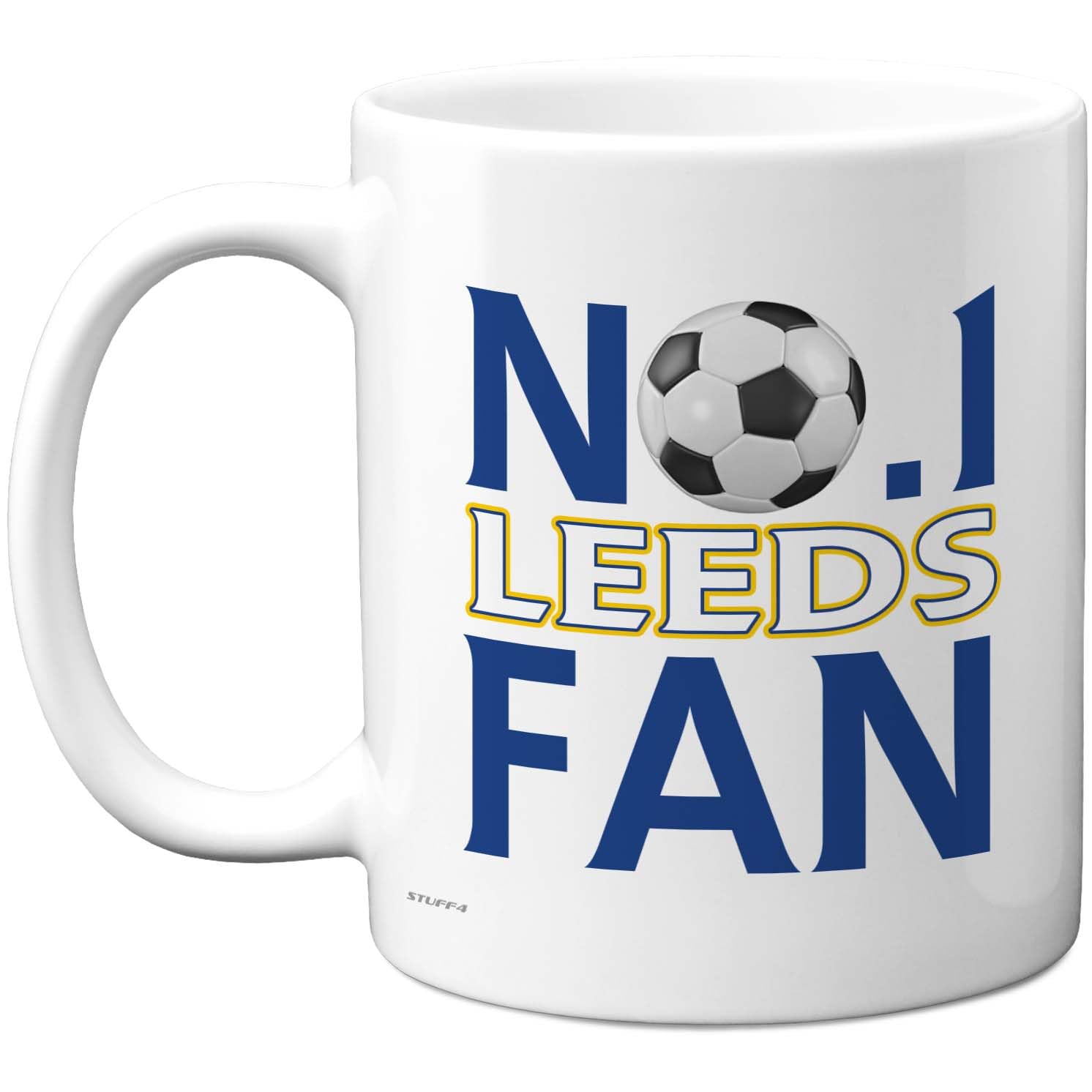 Stuff4 Novelty Mug for Leeds Fans - No. 1 Leeds Fan - Bold Blue Slogan with Football Motif - Fun Gift for Supporters - 11oz Ceramic Gloss Mug