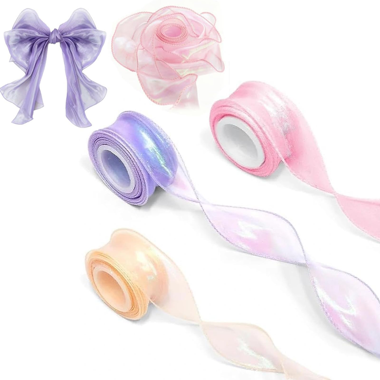 HUANYO 3 Rolls 40mm x 9m Iridescent Organza Ribbon, Translucent Sheer Gift Wrapping Ribbon for Wedding, Easter, Bouquet & Cake Decor - Pink, Purple & Champagne(c# 3pcs)