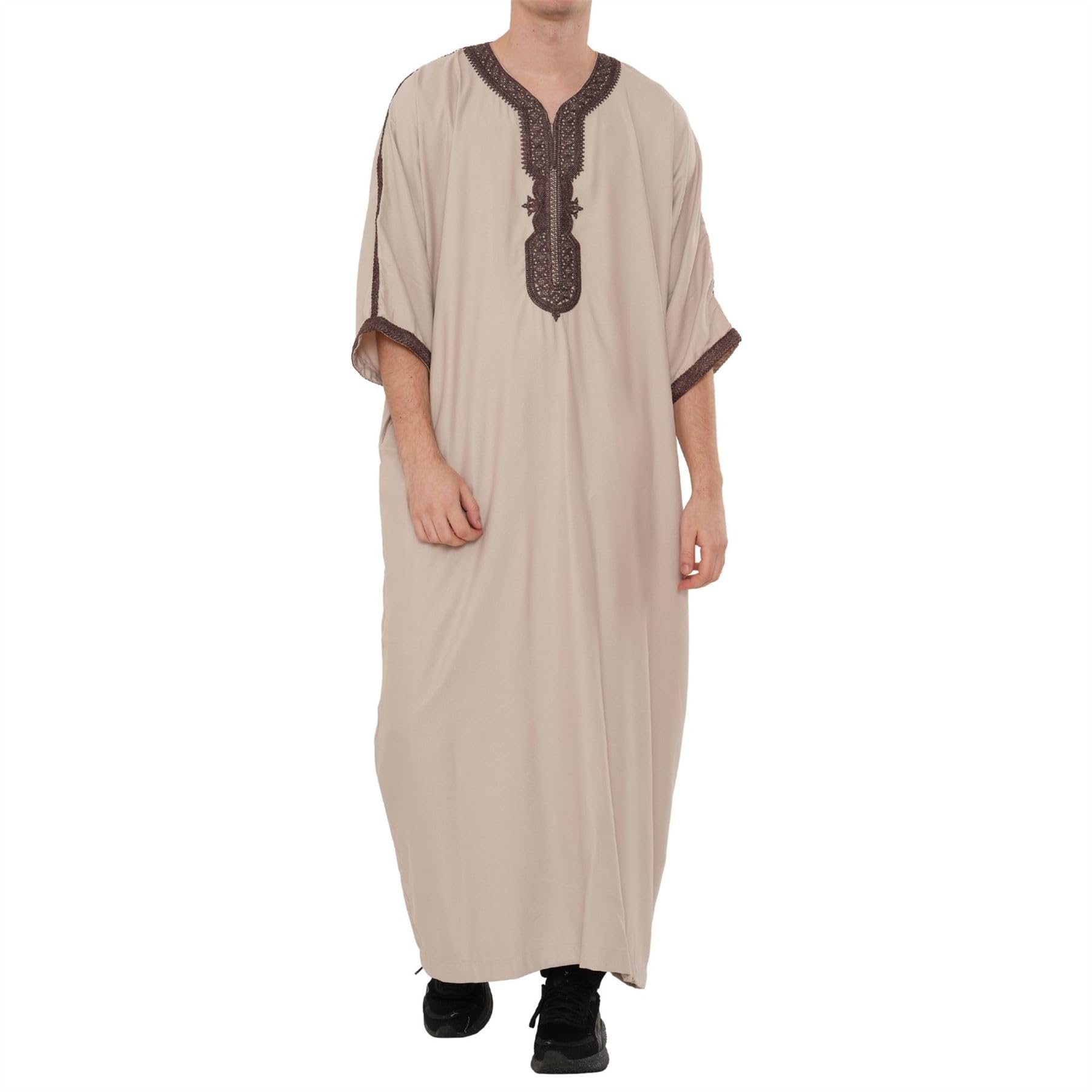 Thobez Men's Salmon Wine Moroccan Thobe Half Sleeve Gandoura Embroidery Kaftan Eid Ramadan - 62