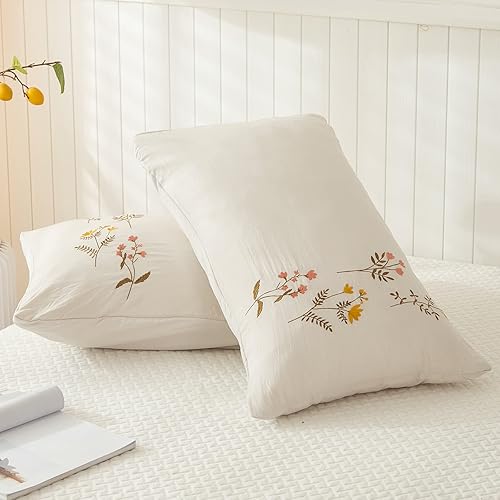 Miniatura 6 de Fundas de almohada de flores, juego de 2 fundas de almohada crema, 100% microfibra lavada, estilo bohemio y elegante, funda de almohada con flores