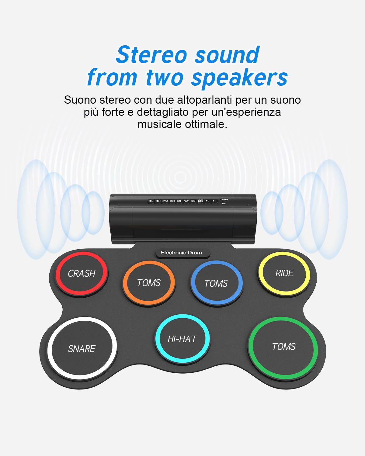 Batería electrónica, 7 almohadillas, batería electrónica plegable con baquetas y altavoces duales, juego de batería eléctrica portátil de color para niños, principiantes, cumpleaños y regalo