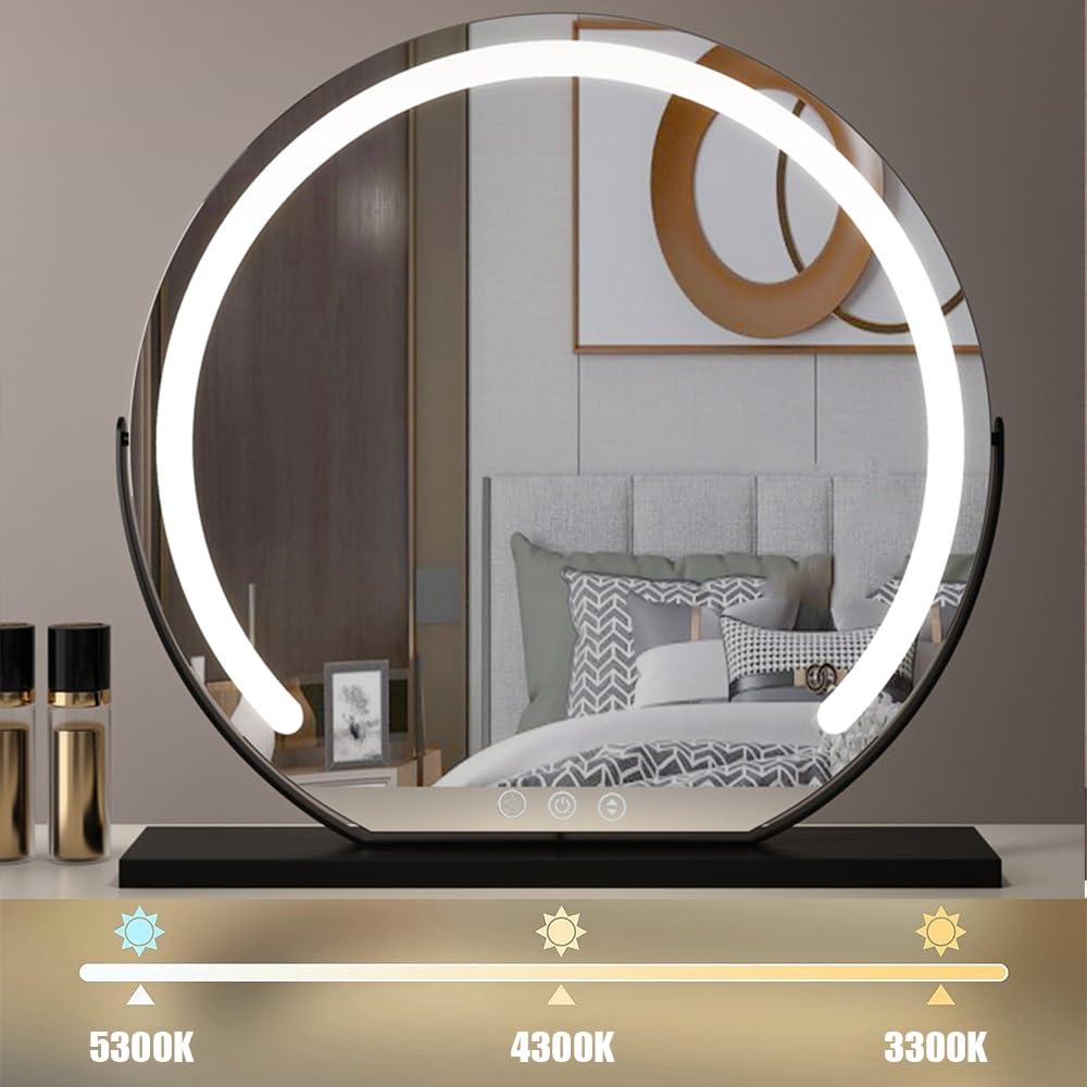 Smart Touch Control Ty-Spiegel mit Lichtern, 360° drehbar, 3 Helligkeitsstufen (weiß/natur/warm), Größe 62 x 58 cm, perfekt für Make-up und Pflege