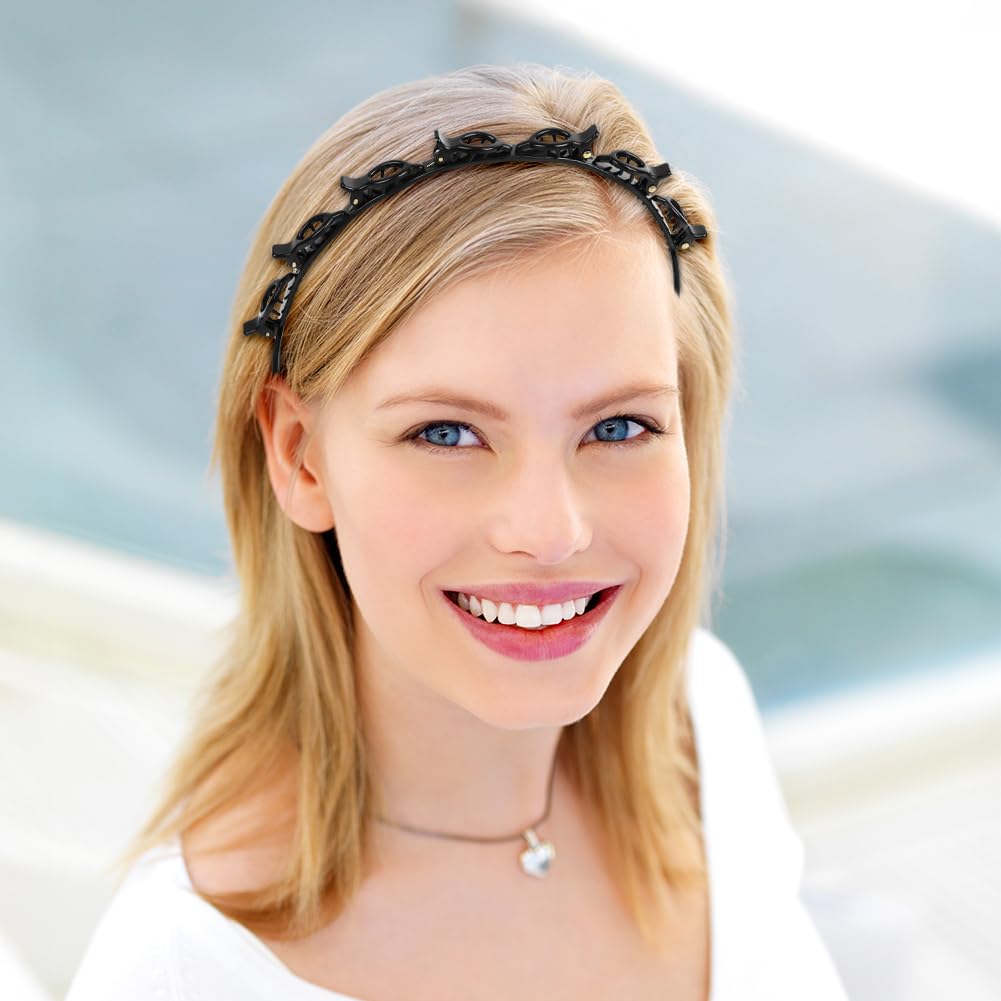 Diadema con Pinzas 2 Piezas para Mujer, Clips de Plástico, Banda para el Cabello con Horquillas, Doble Trenza, Doble Flequillo (Negro+Rojo)