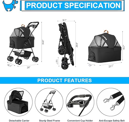 Miniatura 7 de Cochecito para mascotas 3 en 1 para perros pequeños y gatos, cochecito plegable y ligero para perros con transportador desmontable, portátil, para
