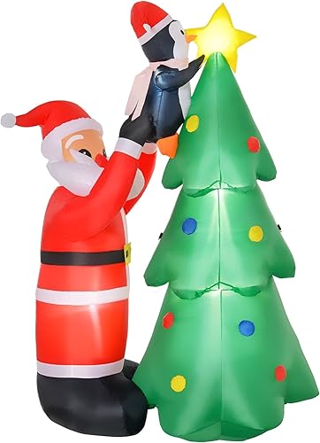HOMCOM Decoración inflable de árbol de Navidad de 6 pies con Papá Noel y pingüino, decoración de Navidad para patio inflable al aire libre con