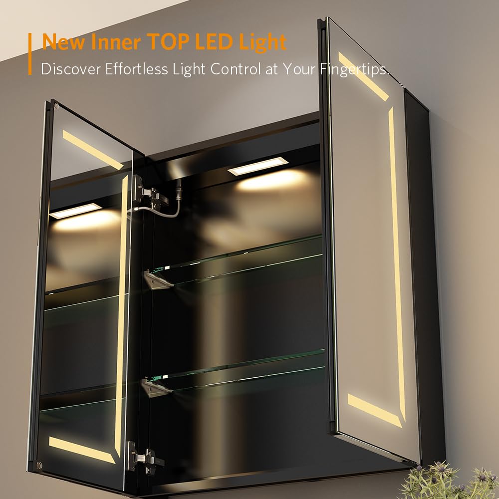 Quavikey® czarna szafka łazienkowa podświetlana LED 60x70cm naścienna, z 2 przyciemnianymi lustrzanymi drzwiami, przeciwmgielną, gniazdkiem na golarkę