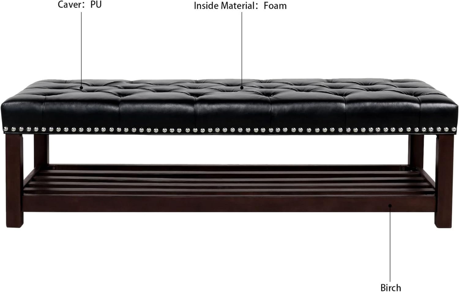Faux Leather Bench, Button Tufted Entryway Bench with Storage, 60" (Black + Wooden Base)