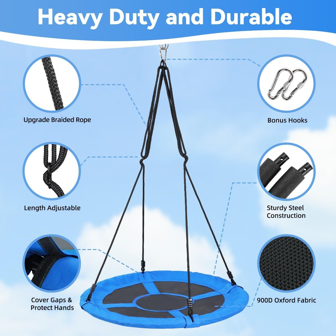 Ohuhu Saucer Tree Swing for Kids 40", 660lb Weight Capacity, Outdoor Flying Swing with Hanging Straps, Carabiner, Steel Frame and Adjustable Ropes, Easy Install, for Backyard Playground Swing, Blue
