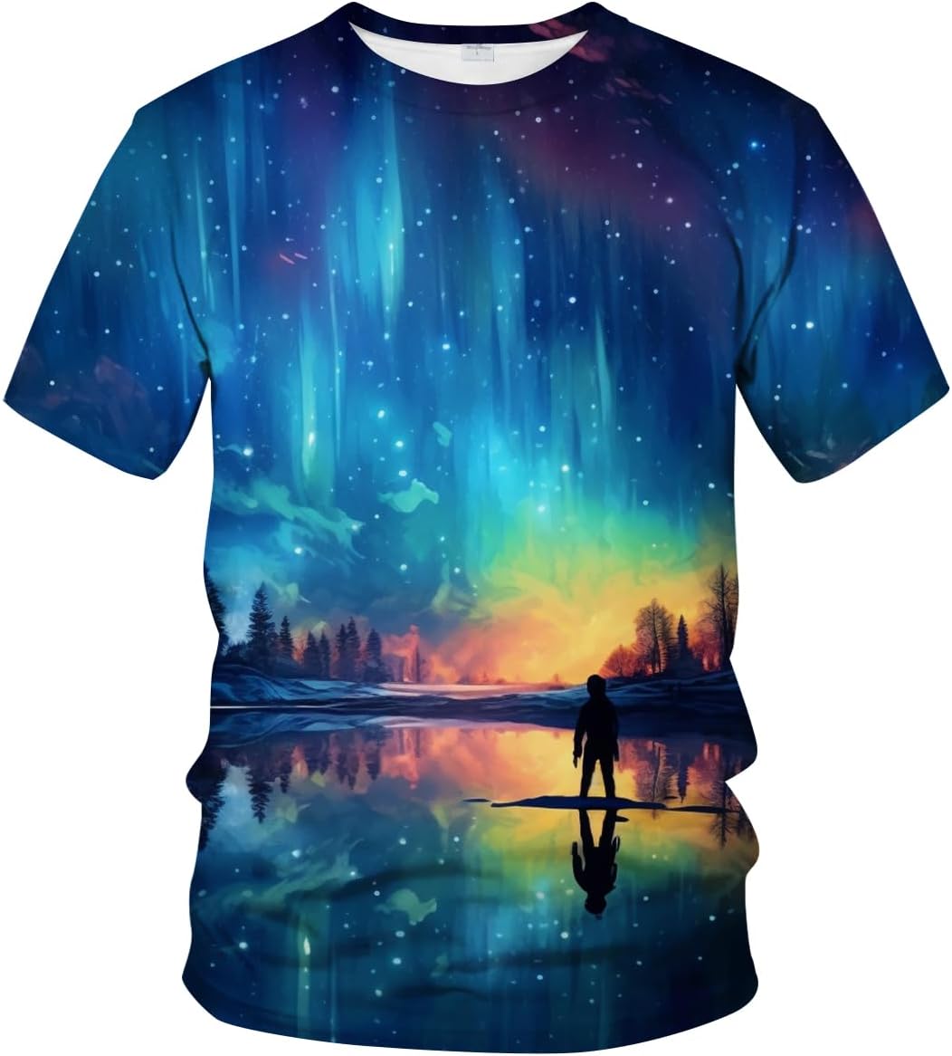 LAOLIUSN Colorful Aurora Borealis T Shirt Novelty Starry Night Theme Tee Shirt