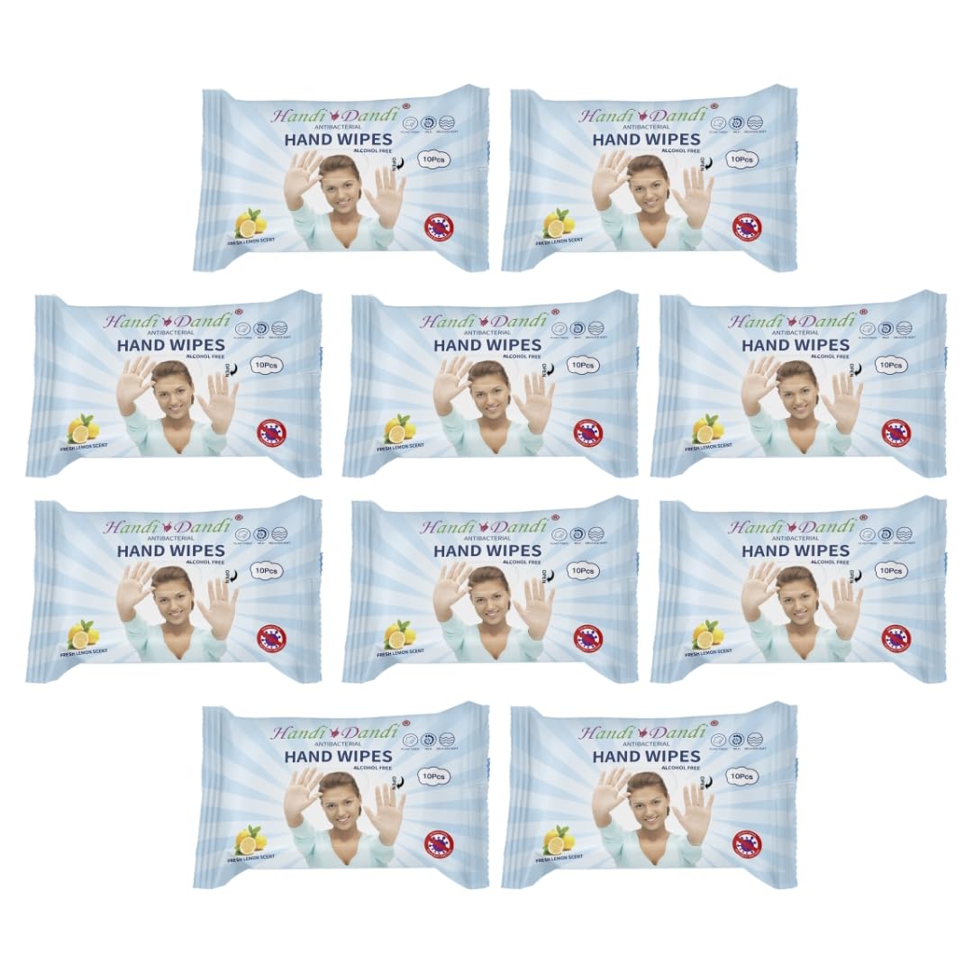 HANDI DANDI ANTIBACTERIAL HAND WIPES LEMON SCENT 10 PACKS OF 10 WIPES. TRAVEL SIZE