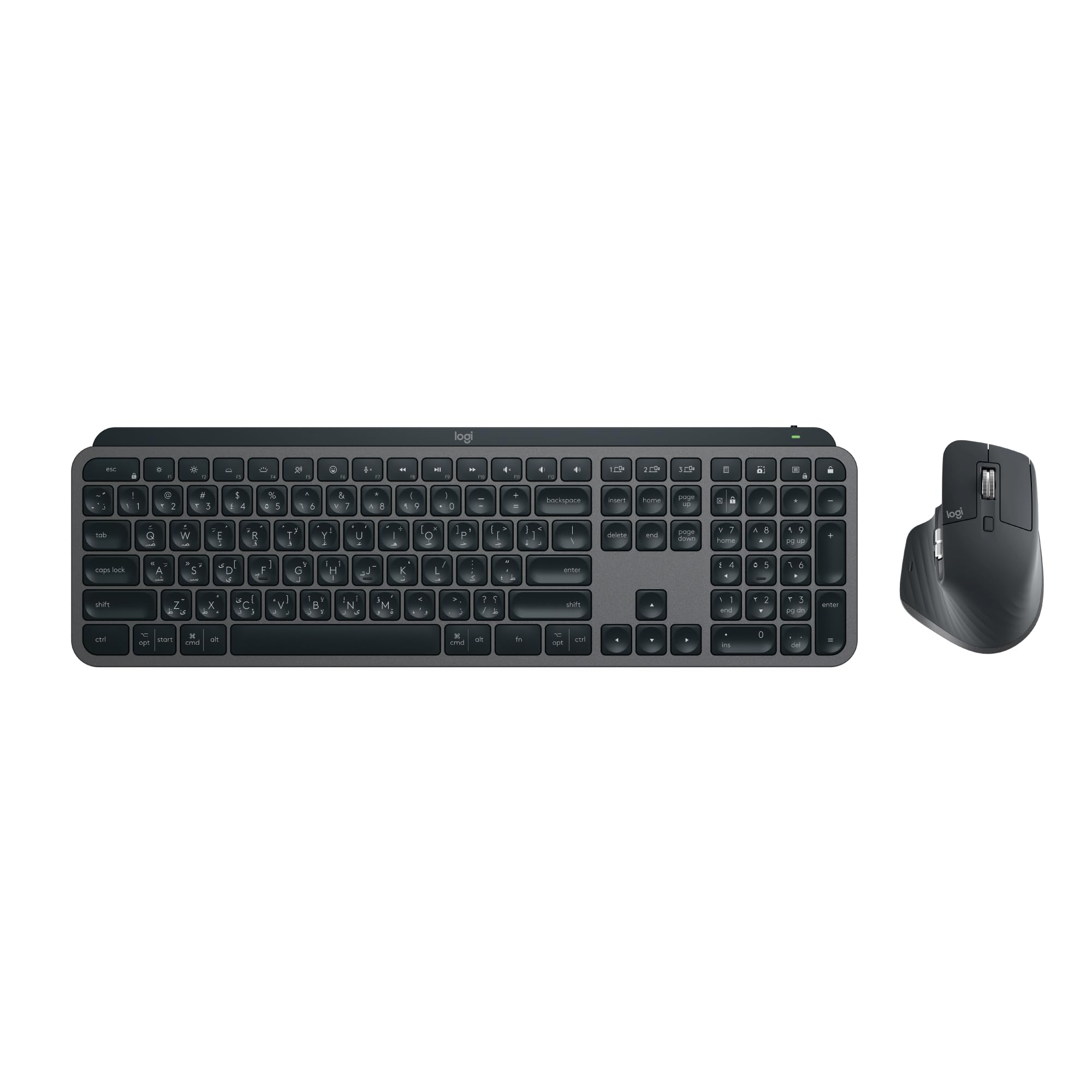 LogitechMX Keys S + MX Master 3S, Graphite - Performance Wireless Illuminated Keyboard and Mouse, Fluid typing, Fast Scrolling, Bluetooth, USB-C, Windows, Linux, Chrome, Mac - Arabic Layout
