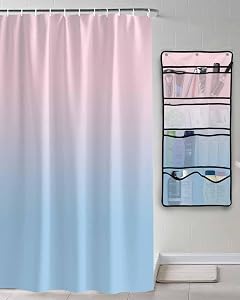 Shower Curtain Mesh Shower Organizer Hanging Set Minimalist Pink and Blue Gradient Waterproof Shower Curtains with 10 Pockets