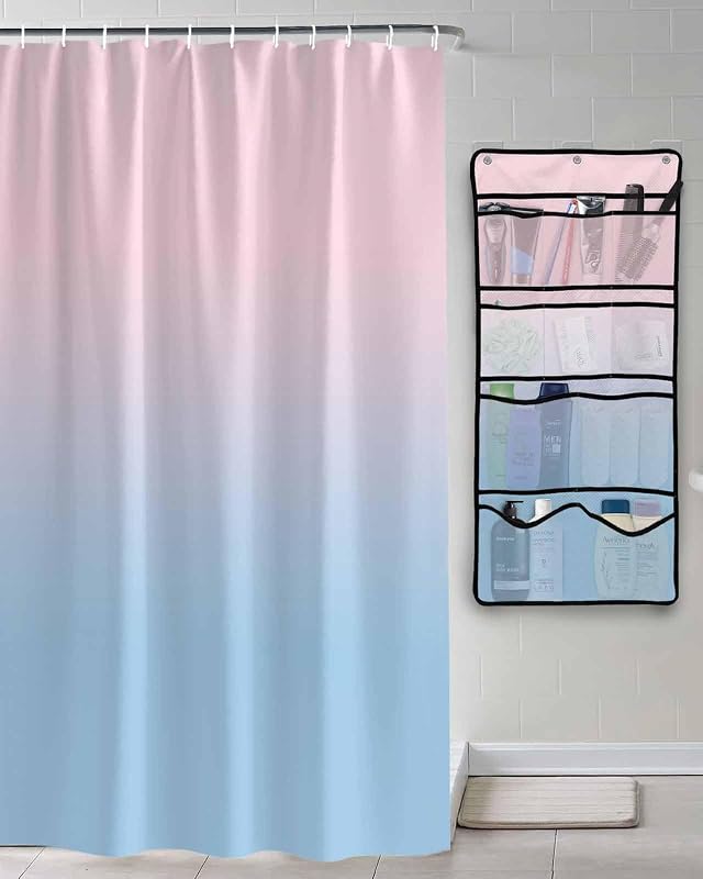 Shower Curtain Mesh Shower Organizer Hanging Set Minimalist Pink and Blue Gradient Waterproof Shower Curtains with 10 Pockets