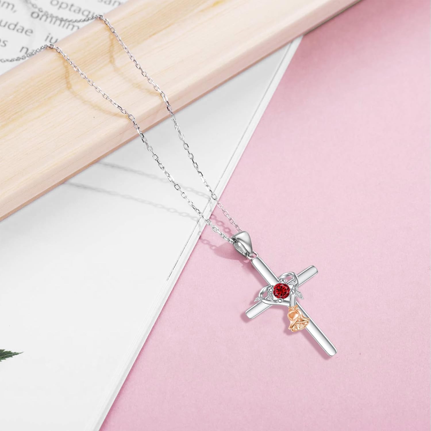 OCJ Rose Cross Necklace 925 Sterling Silver Birthstone Heart Cross Pendant Necklace Religious Jewelry for Women Her Daughter Wife Mom Anniversary Christmas Birthday Gifts - Image 6