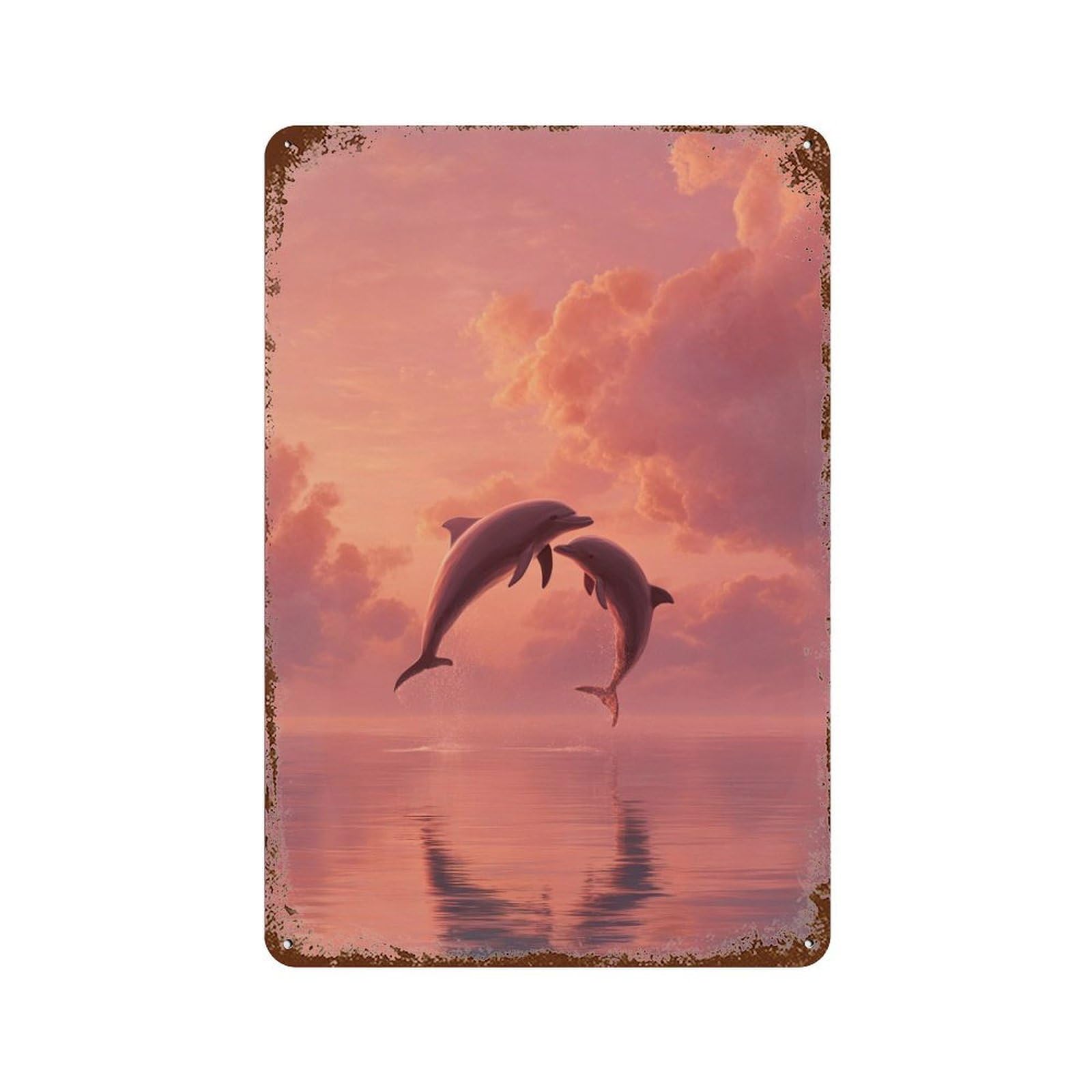 Rustic Tin Plaque with Dolphins Jumping in Sunset Design 11.8"x7.9", for Pub, Kitchen And Man Cave Decor, Old School Wall Decor