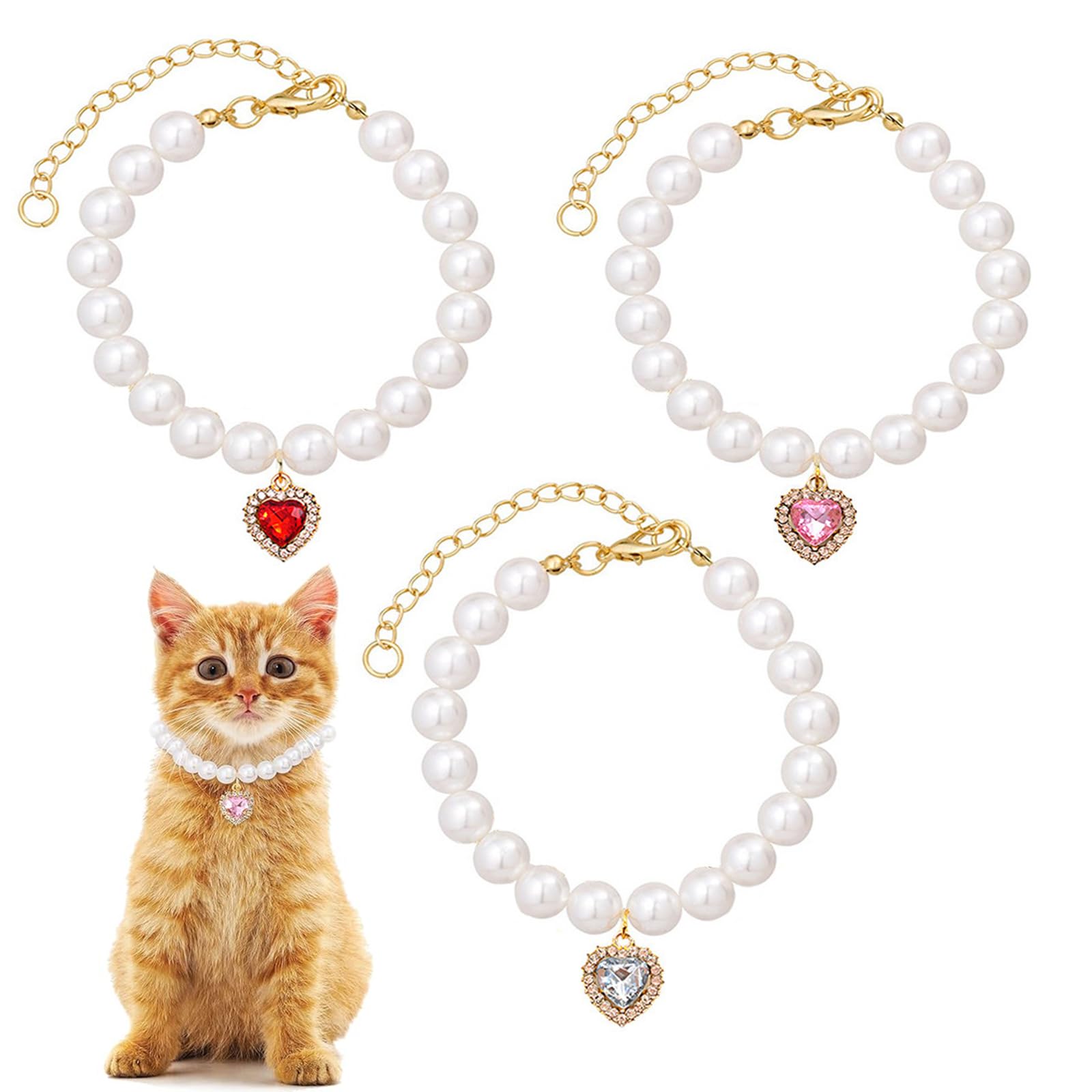 3 PCS Cat Collar with Bell Pearl Necklace Puppy Collar, White Pink and Red Adjustable Heart Rhinestone Pet Collar, Belt for Persian Cat Accessories Parties Photo Taking-image-28