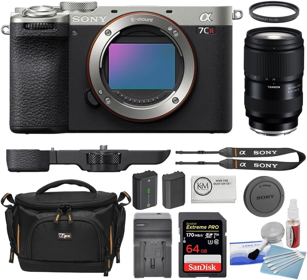 Sony a7CR Mirrorless Camera | Silver Bundled with 28-75mm f/2.8 Di III VXD G2 Lens + 67mm UV Filter + 64GB Memory Card + Battery Charger + 5-Piece Cleaning Kit + Cloth + Camera Case (8 Items)