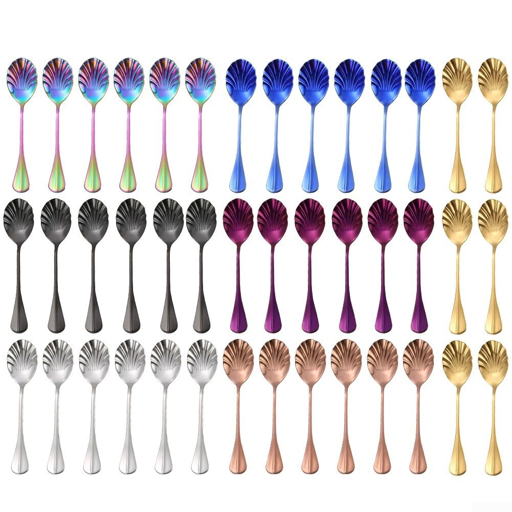 Shell-Shaped Stainless Steel Dessert Spoon Long Handle Elegant Design for Restaurant Wedding Party 6 Pieces Set(black)