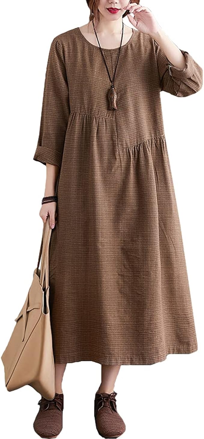 Amazon Co Jp Zuomaレディース ワンピース ロングワンピース 台形ワンピース 夏 長袖 クルーネック ファッション カジュアル 大きいサイズ ゆったり ポケット付き 無地 日常服 服 ファッション小物