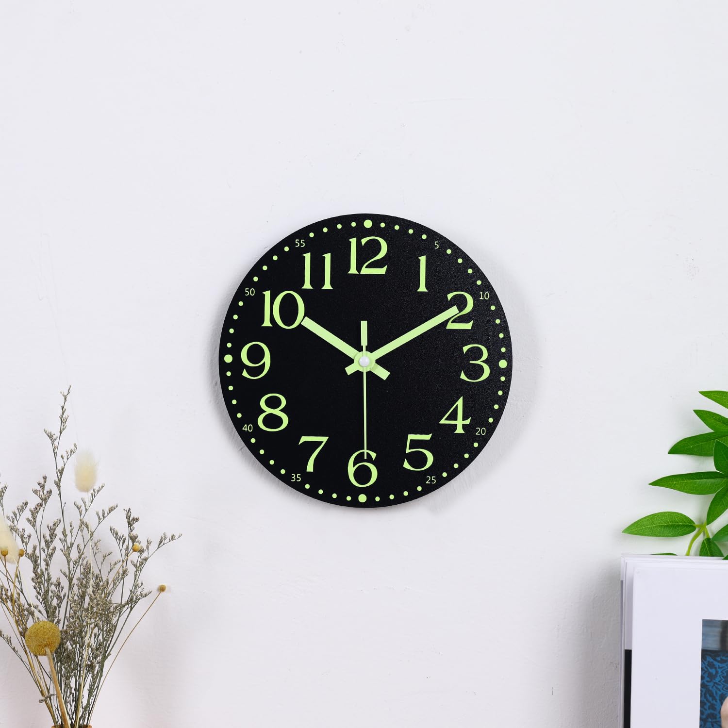 JoFomp Wooden Glow in The Dark Clock, 8 inch Silent Non-Ticking Battery Operated Clock, Energy-Absorbing Luminous Numerals and Hands, Lighted Wall Clock Decoration (Black, 8 INCH)