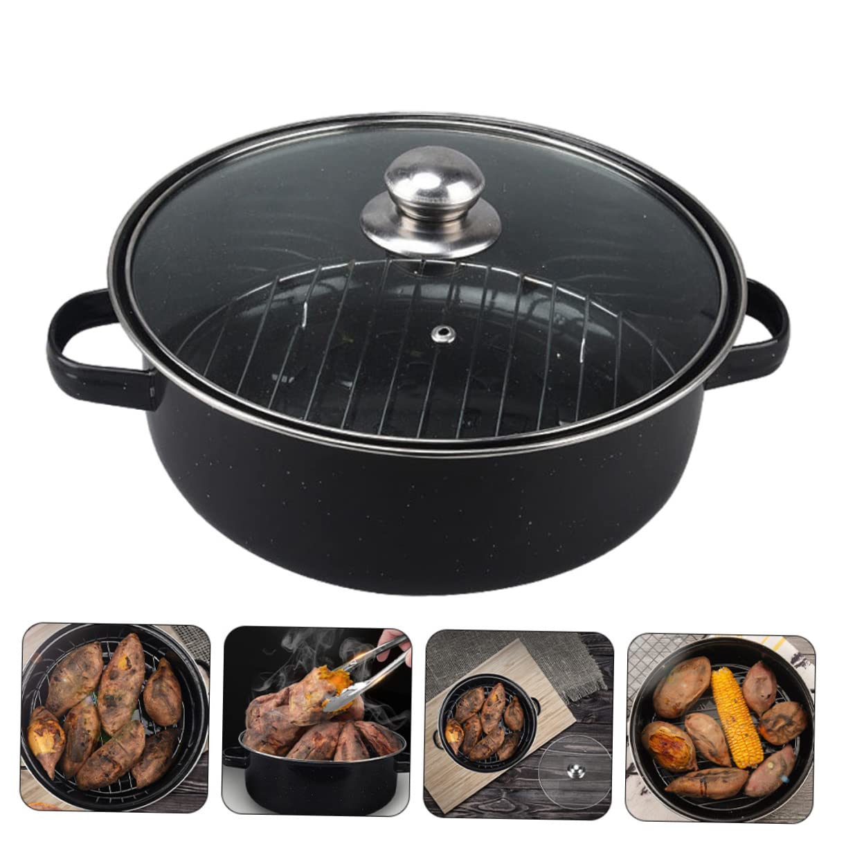 Pot Rôti en Fonte Noire pour Patates Douces Chauffage Uniforme et Facile avec Conduit de Fumée Châtaignes et Cuisson Polyvalente Four