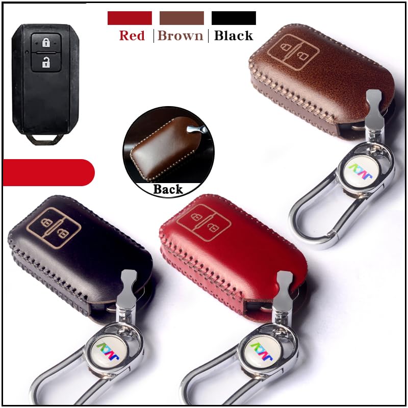 Image of JVCV Car Styling Soft Handmade Leather Key Cover Compatible with Suzuki Jimny Fronx Grand Vitara Victoris Baleno XL6 Swift Ertiga, Dzire Urban Cruiser Glanza, Hyryder (2 Button Smart Key, Brown)