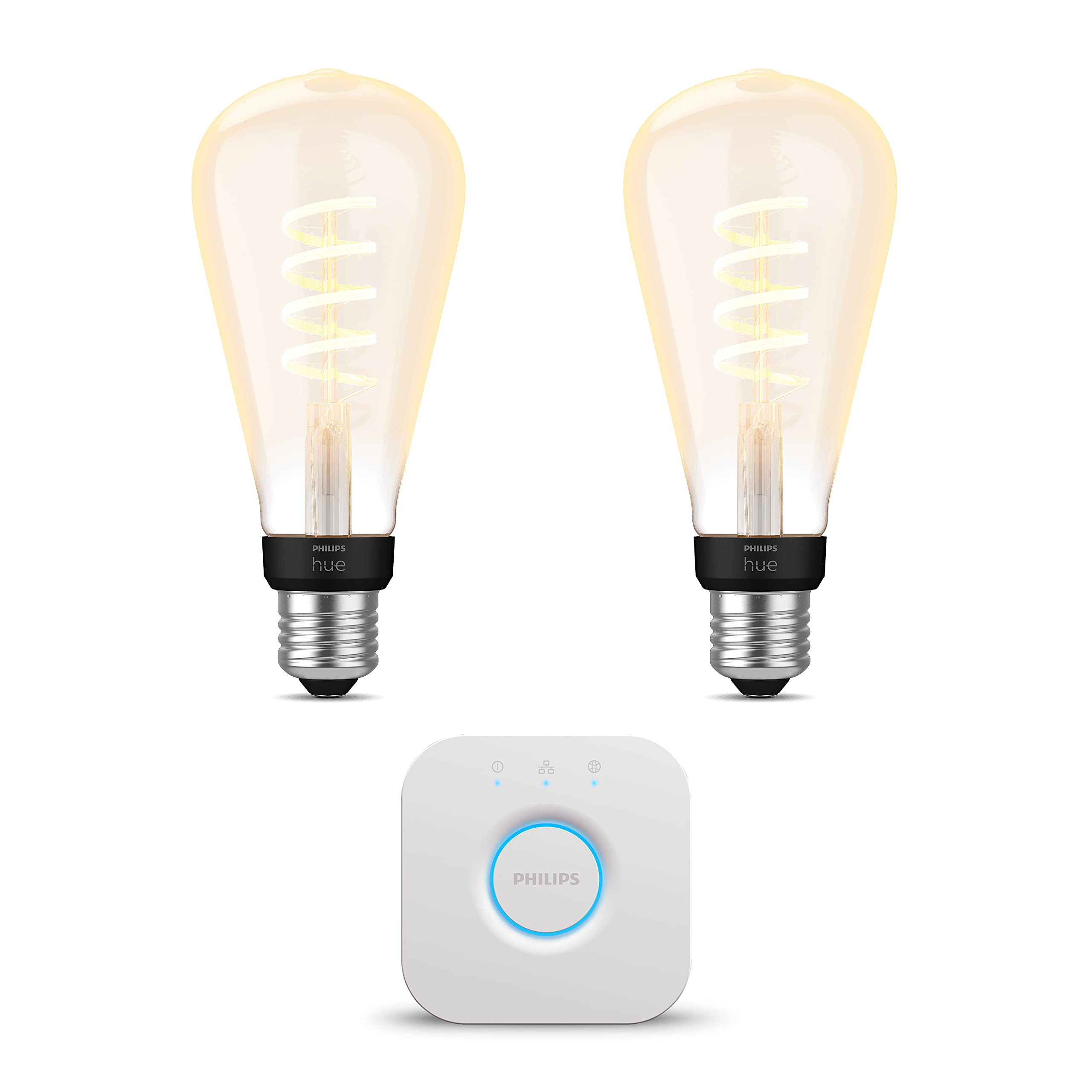 Philips Hue Starterpaket - E27 - mit 2 Filament Edison Glühbirnen Groß (ST72) - Warm bis Kaltweißes Licht - inkl. 1 Hue Bridge - Hue White Ambiance Filament