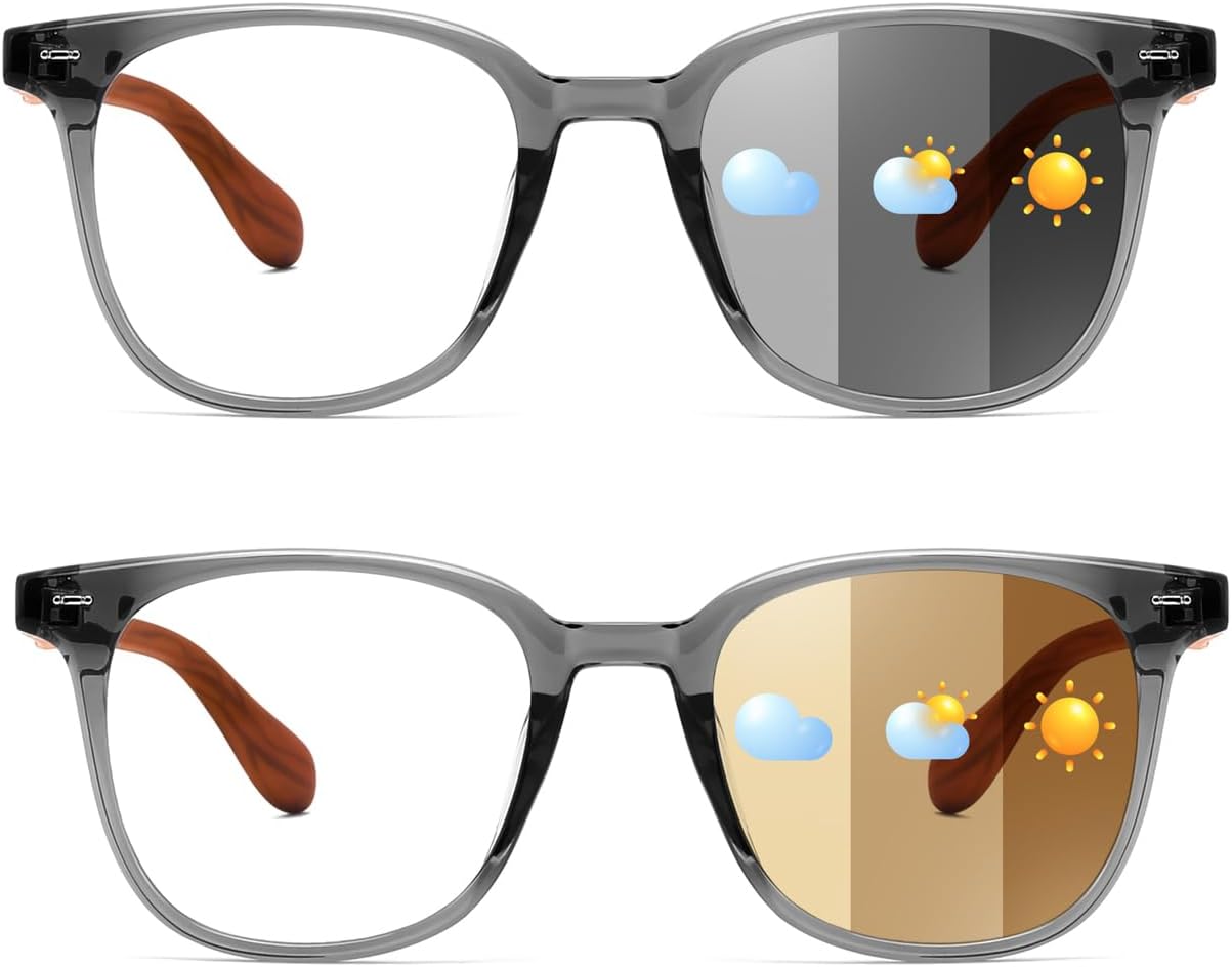Karsaer 2 Pcs Photochromic Sunglasses Day Night Use Blue Light Blocking Computer Glasses for Men Women with Wooden Temples