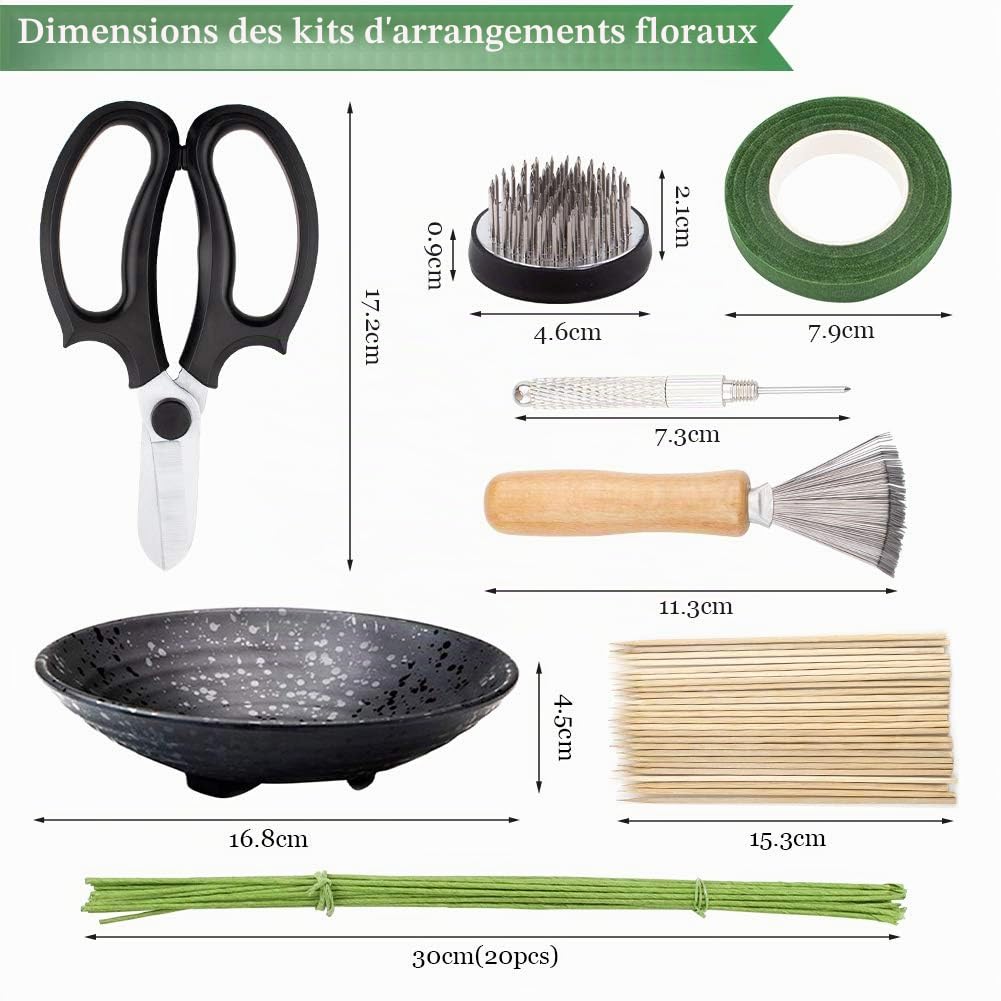 WANDIC Kit d'arrangement Floral, Lot de 51, Supports de Fleurs Ronds, Pot de Fleurs en céramique, Aiguille de Nettoyage Kenzan, râteau, tiges Florales et Ruban adhésif Floral pour Arrangement Floral