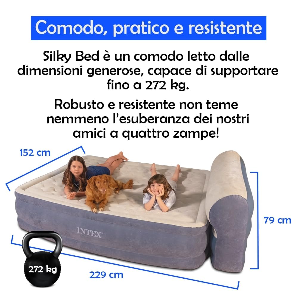 SILKY BED Materasso Gonfiabile Matrimoniale 229x152x46 cm – ORIGINALE VISTO IN TV Autogonfiante con Pompa Elettrica Integrata, Comfort Ergonomico, Testiera Alta 33 cm e Borsa da Trasporto