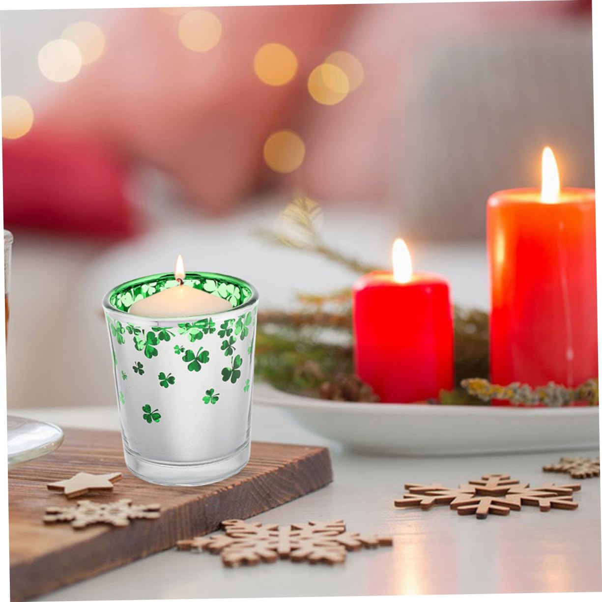 12pièces Bougeoirs Verre Vert pour Saint-Patrick Motif à Quatre Décorations Festives pour Intérieur Bars Et Cafés