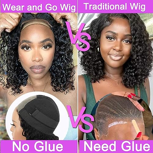 Image of Srakuw Wear and Go Glueless Wigs Human Hair Pre Plucked Pre Cut Lace Front Wigs for Black Women Glueless Water Wave 180 Density Curly Bob Wig Human Hair (6 Inch)