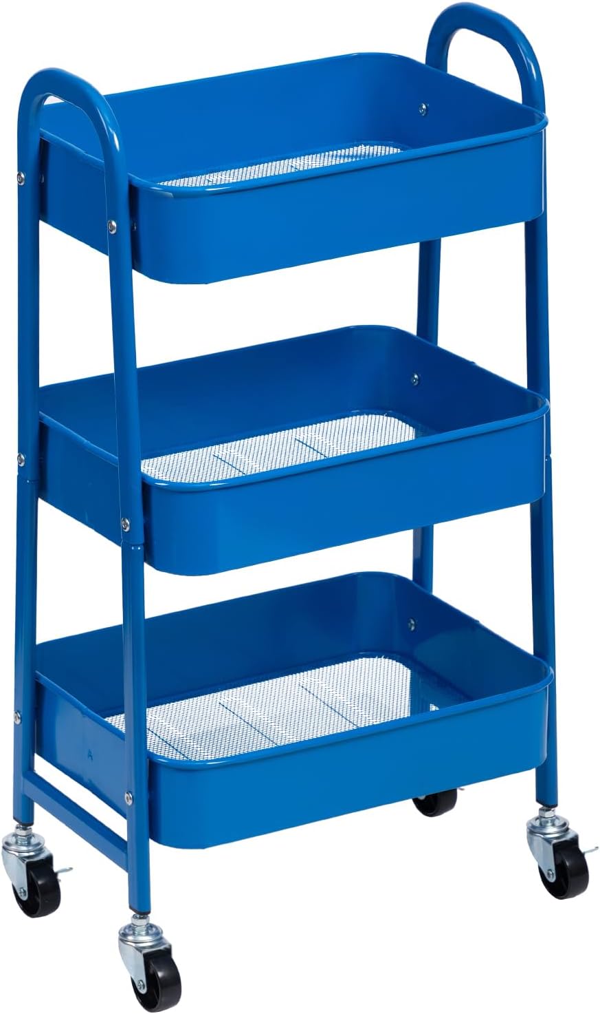 AGTEK 3 Tier Utility Rolling Cart with Lockable Wheels, Metal Multifunctional Storage, Organizer Cart for Kitchen, Office, Living Room, Makeup, Craft, Art Studio, Blue