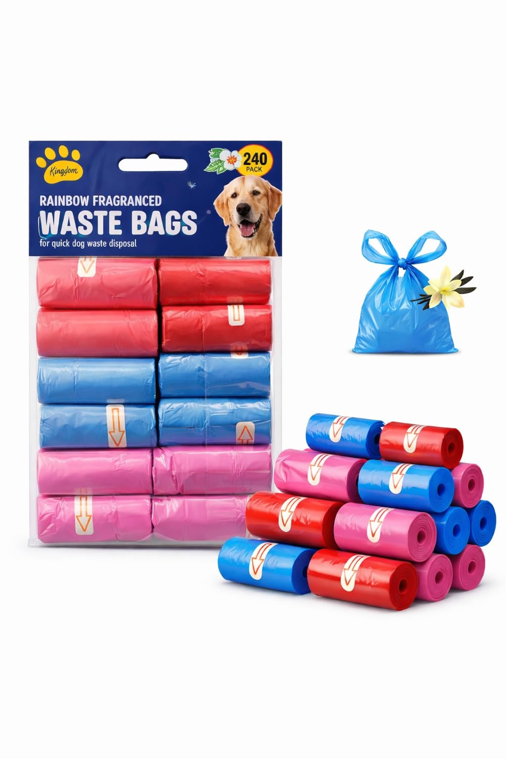 Dog Poo Bags 240 Pack – Vanilla Scented Rainbow Waste Bags, With Tie Handles, Strong & Leak-Proof, 12 Rolls, Fits Standard Dispensers