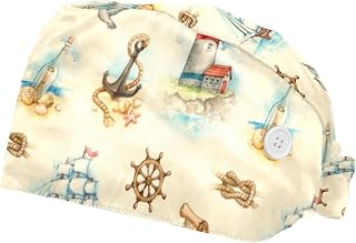 Nautical Watercolor Pattern 2 Pack Adjustable Working Cap with Buttons Elastic Bouffant Hats Head Scarf with Sweatband for Women Men
