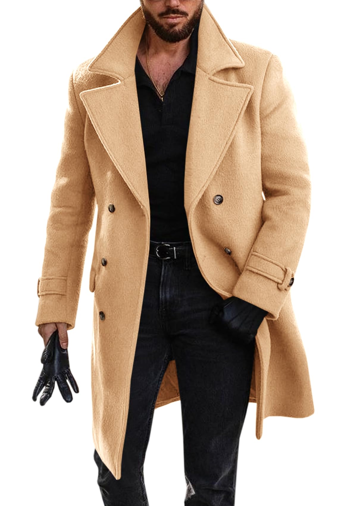 Runcati Mens Double Breasted Trench Coat Mid Long Jacket Notched Lapel Winter Chunky Warm Overcoat