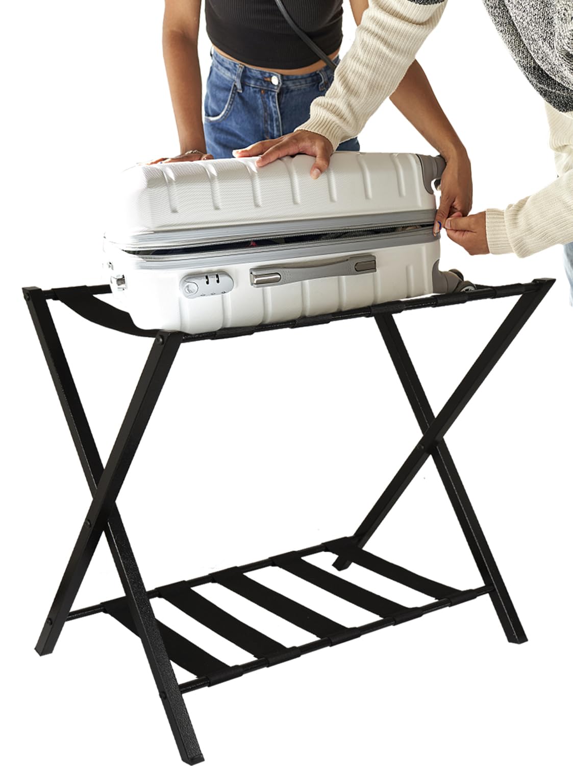 H-A Folding Luggage Rack Suitcase Stand with Storage Shelf for Guest Room Bedroom Hotel, Black (2 Pack)