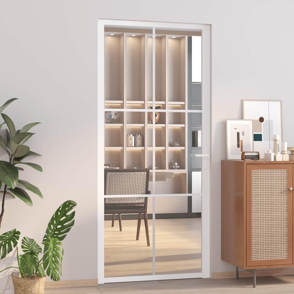 Innentür aus EGS-Glas und Aluminium, weiß, 93 x 201,5 cm, für Badezimmer, Wohnzimmer, Küche, weiß und transparent, 3 x 2 Gitter