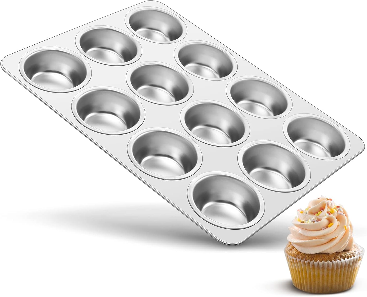 TeamFar 12-Cup Muffin Pan, Stainless Steel Muffin Tin Metal Cupcake Baking Pan for Oven, Regular Size & Non Toxic, Easy Clean & Dishwasher Safe