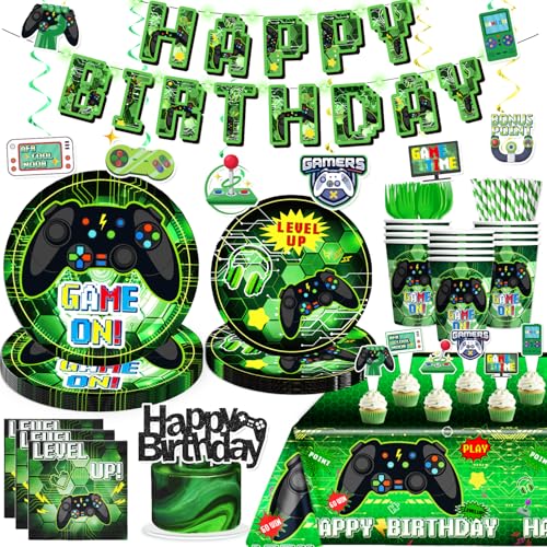 Yingoto 174 Pcs Video Game Birthday Decorations Tableware Set with Plates and Napkins, Serves 25, 2 Tablecloths, Banner, Cake Toppers, for Boys Gamer Birthday Party Decorations, Green