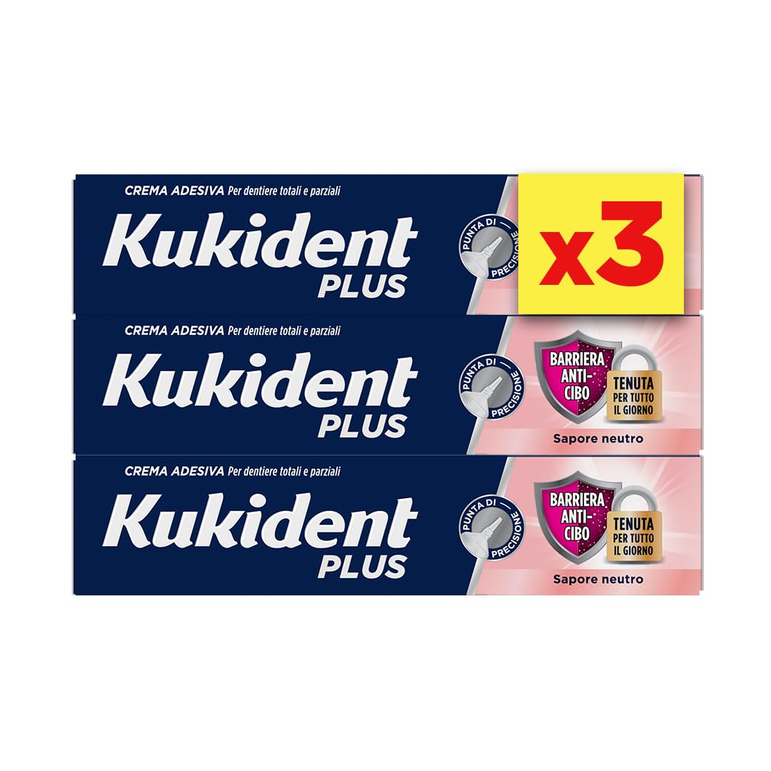 Kukident Plus Barriera Anti-Cibo Crema Adesiva per Protesi Dentali Totali e Parziali, Sapore Neutro. Confezione da 3x35g